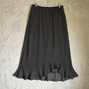 Polka Dot Ruffled Hem Midi Skirt Womens 18 Retro Black White Flowy Office Vtg